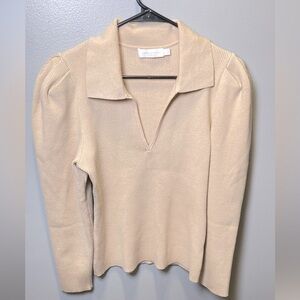 Jonathan Simkhai The‎ Kit Eco-Knit Collar Puff Sleeve Polo Sweater Dune Size L